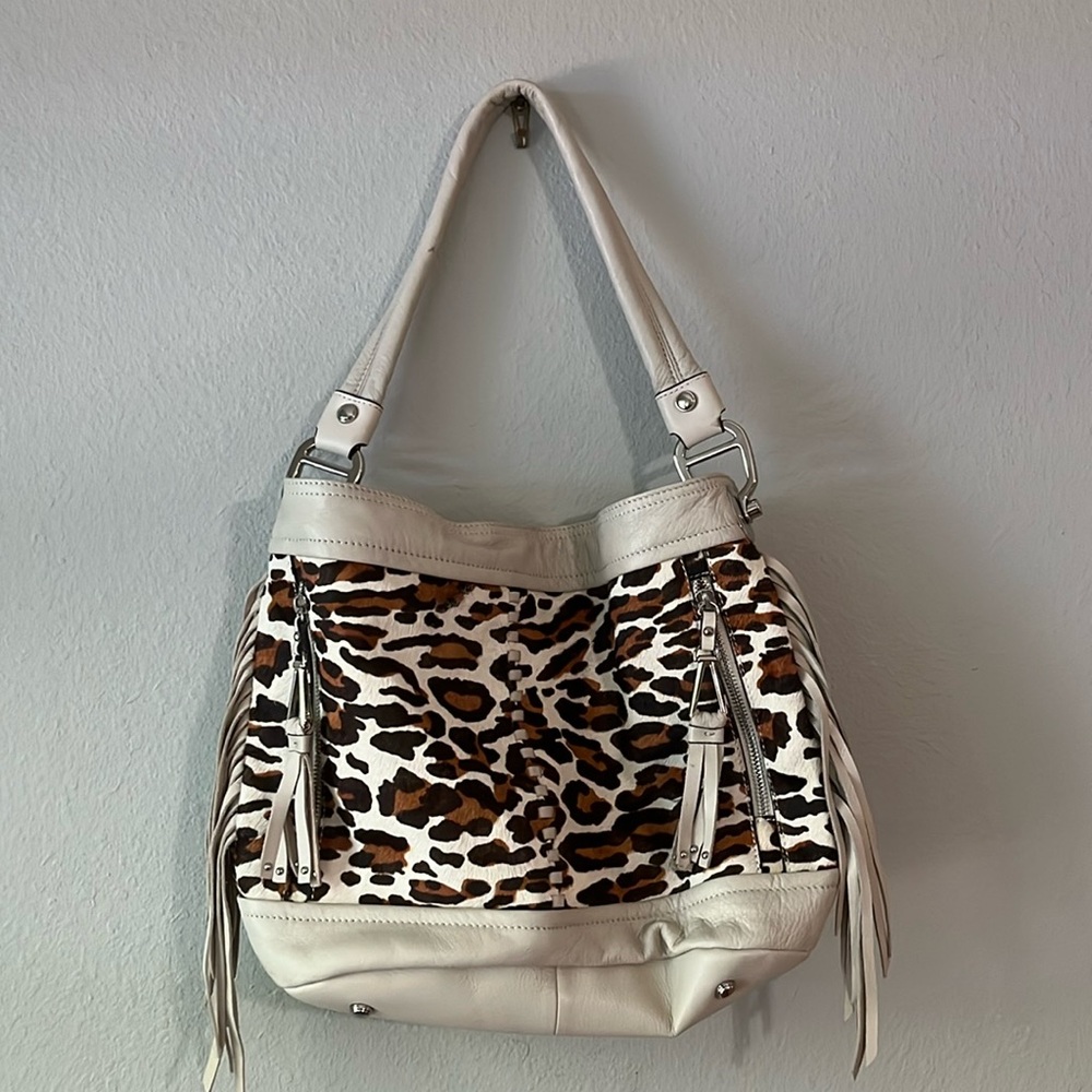 B Makowsky ANDREA Haircalf & Glove Leather Bucket Hobo w/ Fringe ~Stone